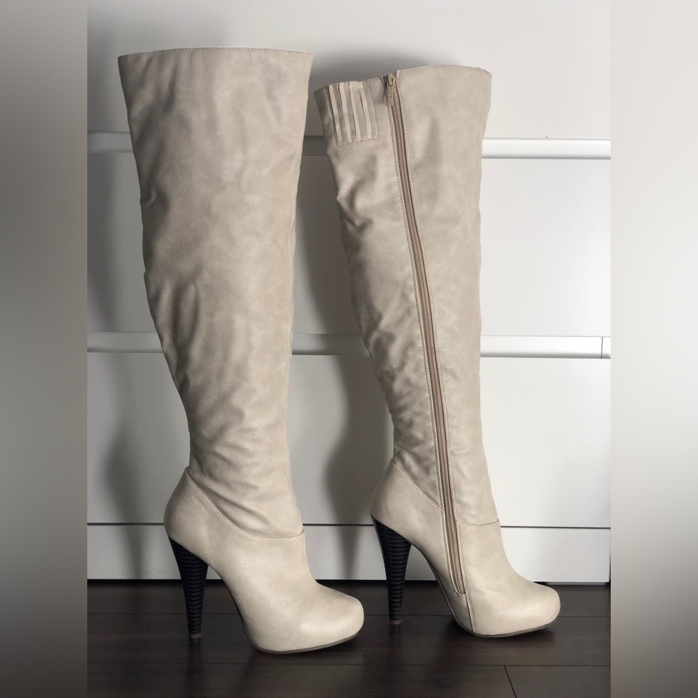 SOLD Cream coloured above knee high heel boots